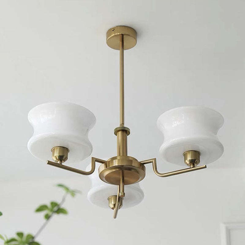 Mid-Century Metal Glass Round Chandelier — 5 / Gold Frame + White Lampshade / 220V-240V For UK/AU