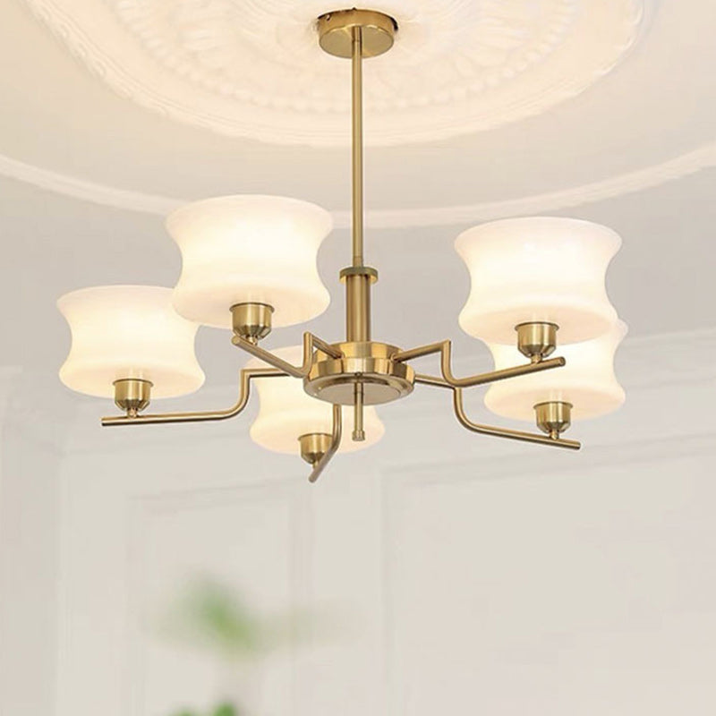Mid-Century Metal Glass Round Chandelier — 5 / Gold Frame + White Lampshade / 110V-120V For US/CA