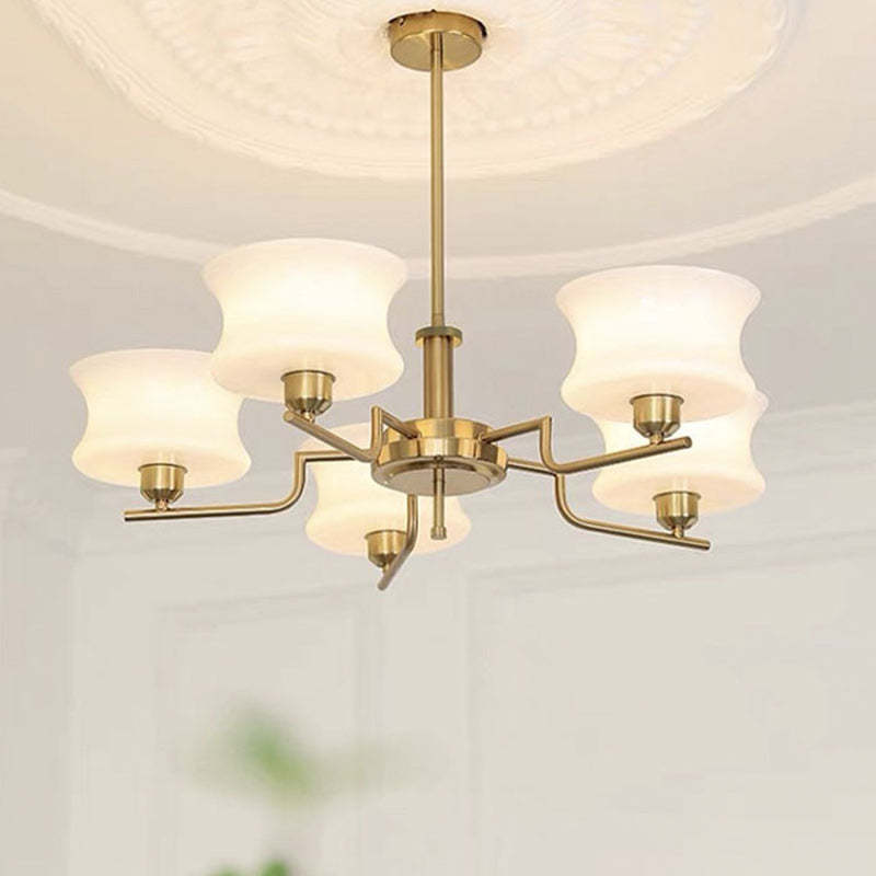 Mid-Century Metal Glass Round Chandelier — 5 / Gold Frame + White Lampshade / 110V-120V For US/CA