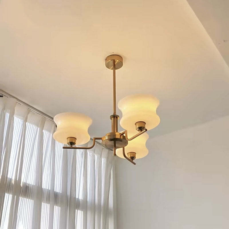 Mid-Century Metal Glass Round Chandelier — 5 / Gold Frame + Milky Yellow Lampshade / 110V-120V For US/CA