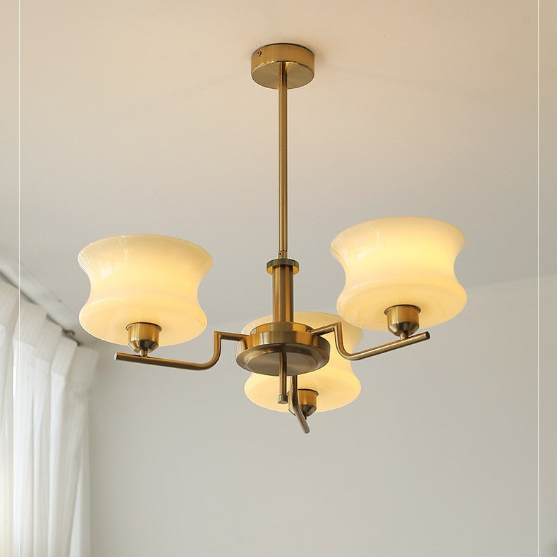 Mid-Century Metal Glass Round Chandelier — 5 / Chrome Frame + Milky Yellow Lampshade / 110V-120V For US/CA