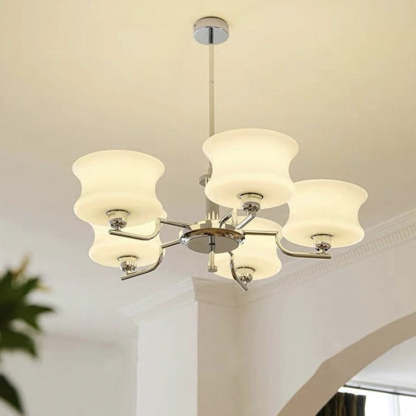 Mid-Century Metal Glass Round Chandelier — 3 / Chrome Frame + White Lampshade / 110V-120V For US/CA