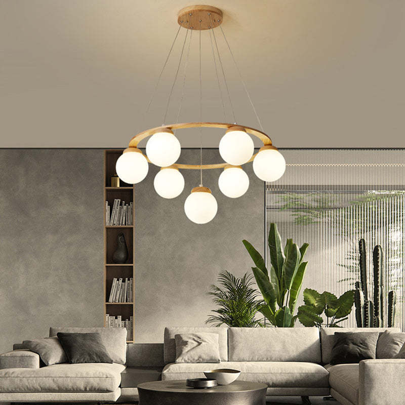 Nordic Wood Iron Glass Round Chandelier