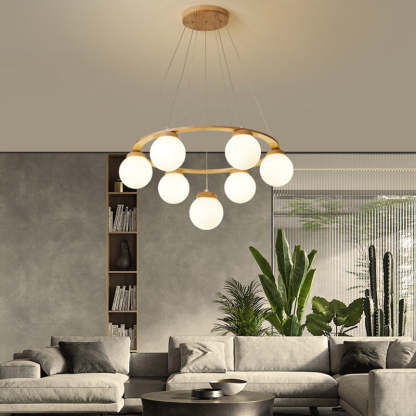 Nordic Wood Iron Glass Round Chandelier