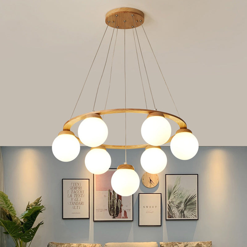 Nordic Wood Iron Glass Round Chandelier