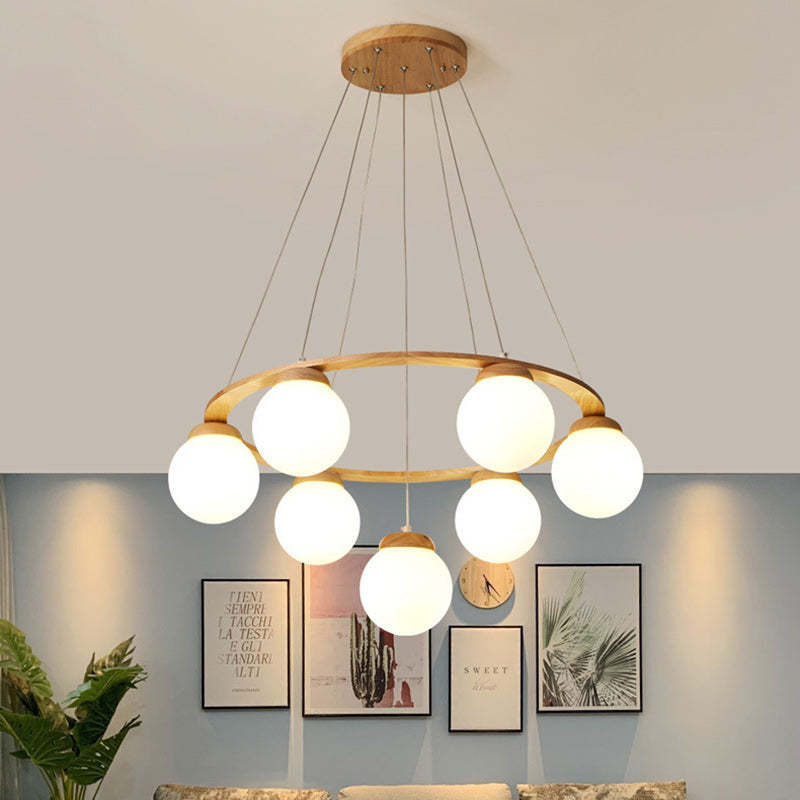 Nordic Wood Iron Glass Round Chandelier