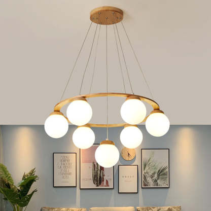 Nordic Wood Iron Glass Round Chandelier