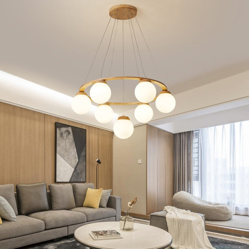 Nordic Wood Iron Glass Round Chandelier