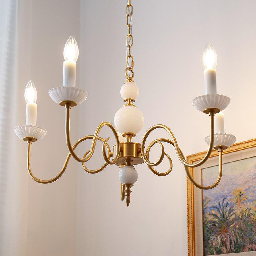 French Brass Glass Candle Round Chandelier