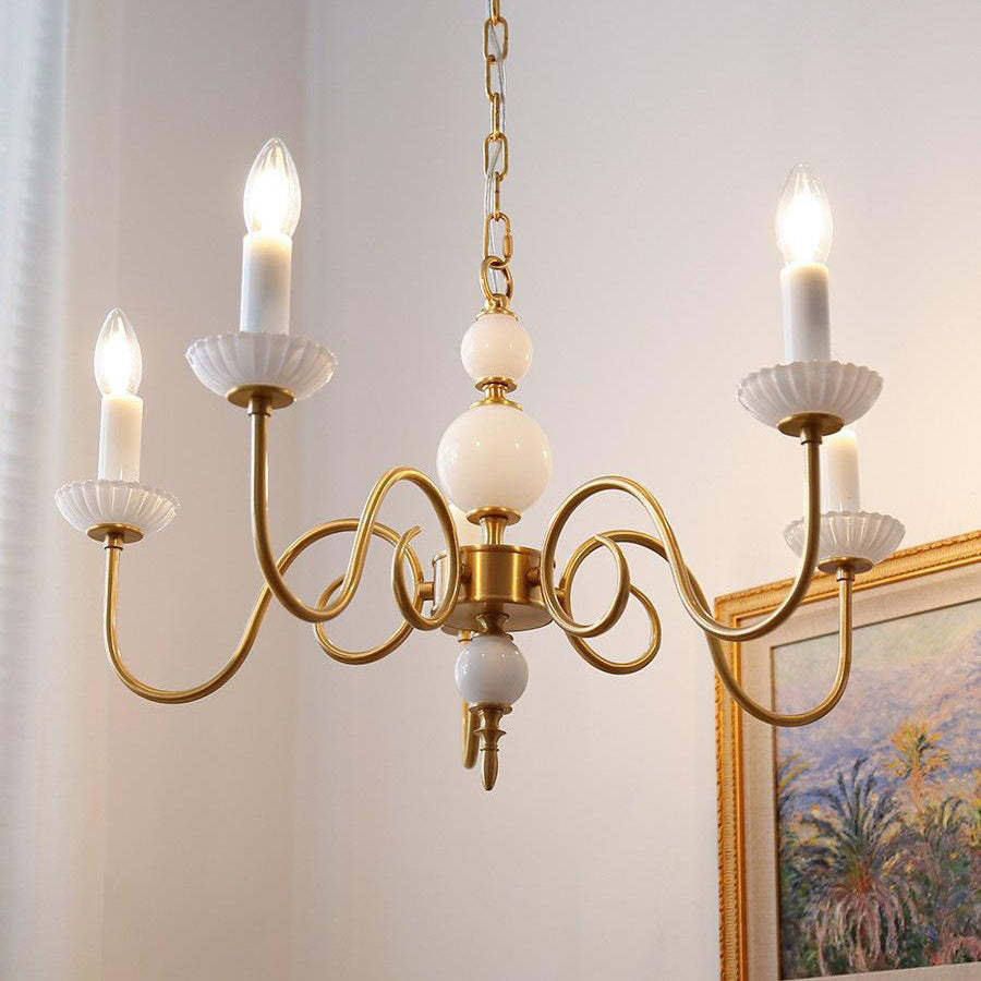 French Brass Glass Candle Round Chandelier
