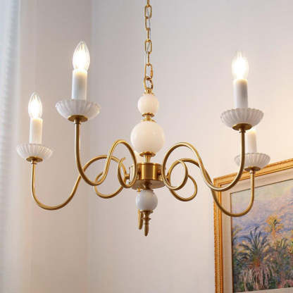 French Brass Glass Candle Round Chandelier