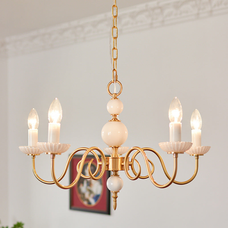 French Brass Glass Candle Round Chandelier