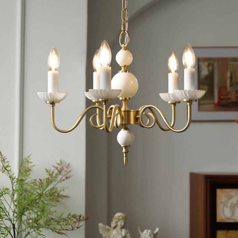 French Brass Glass Candle Round Chandelier