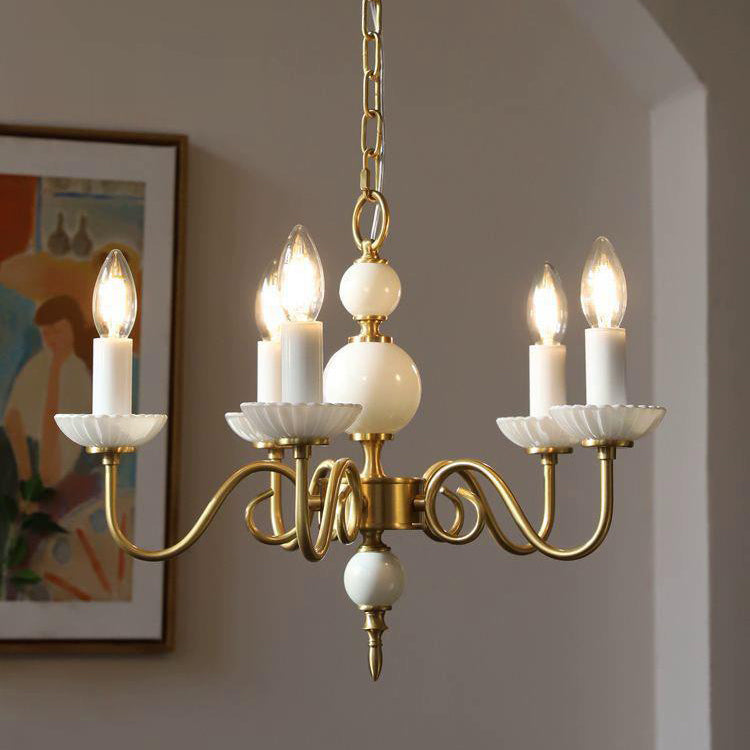 French Brass Glass Candle Round Chandelier