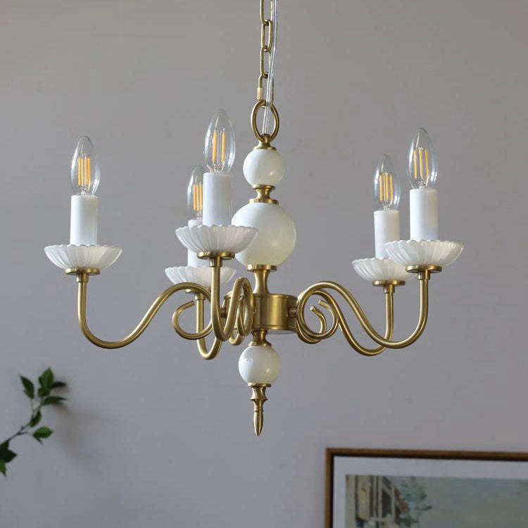 French Brass Glass Candle Round Chandelier