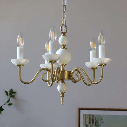 French Brass Glass Candle Round Chandelier