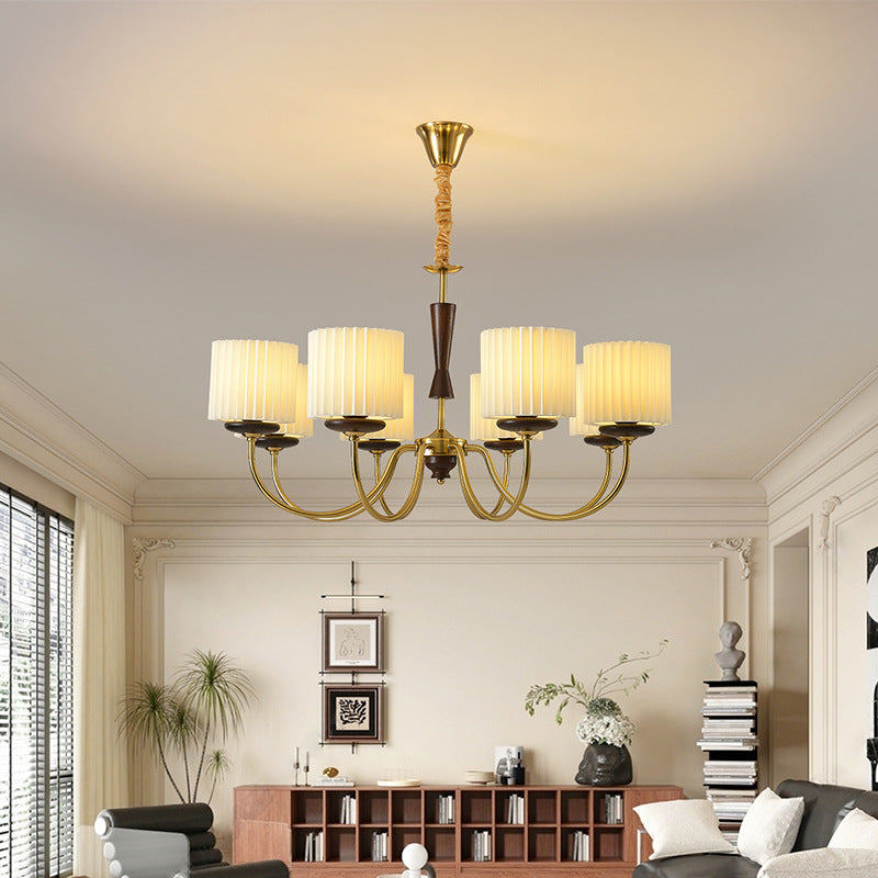 French Iron Wood Fabric Branch Cylinder Chandelier