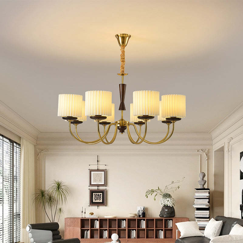 French Iron Wood Fabric Branch Cylinder Chandelier