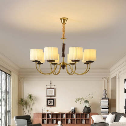 French Iron Wood Fabric Branch Cylinder Chandelier