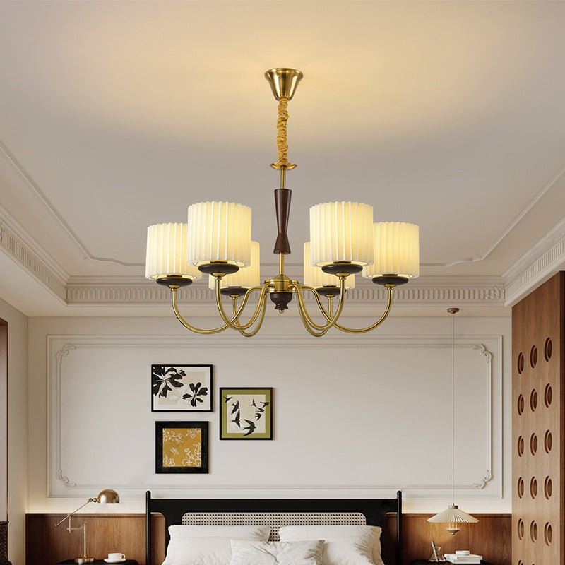 French Iron Wood Fabric Branch Cylinder Chandelier