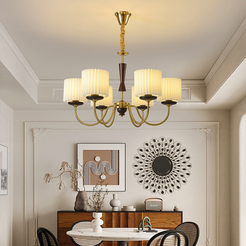 French Iron Wood Fabric Branch Cylinder Chandelier
