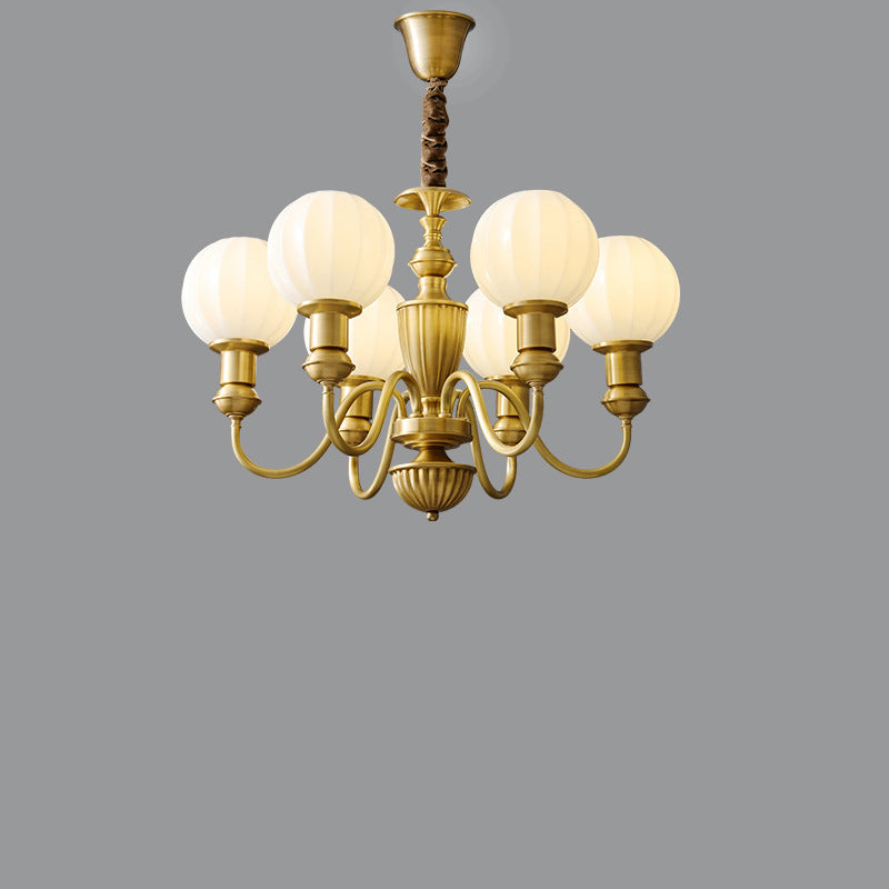 Vintage Brass Glass Curved Round Chandelier