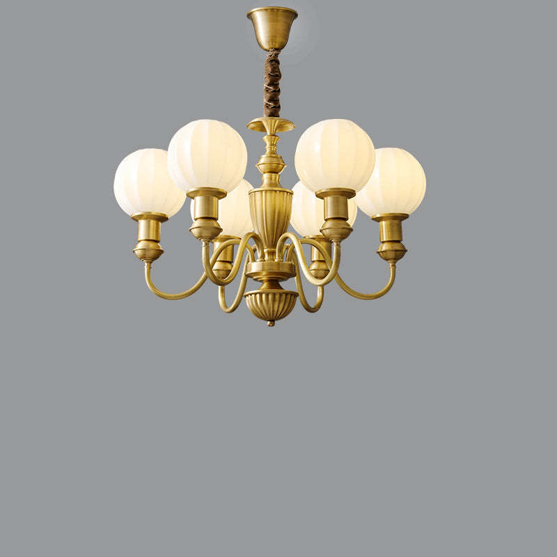 Vintage Brass Glass Curved Round Chandelier