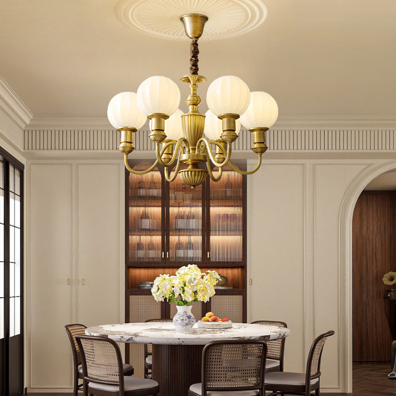 Vintage Brass Glass Curved Round Chandelier — 6 / 110V-120V For US/CA