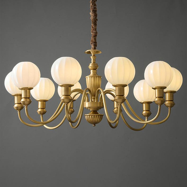 Vintage Brass Glass Curved Round Chandelier