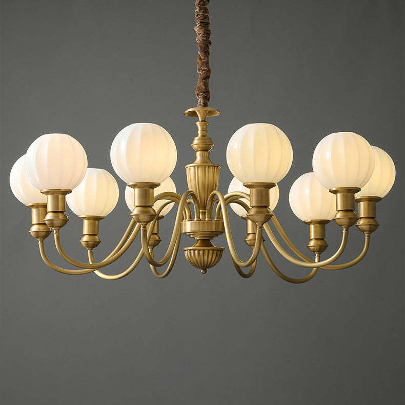 Vintage Brass Glass Curved Round Chandelier
