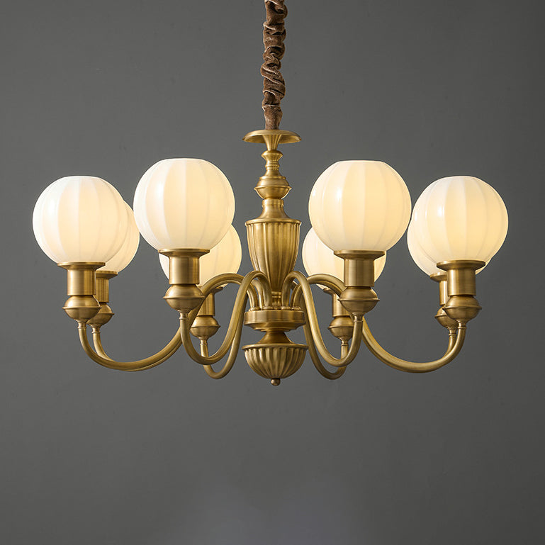 Vintage Brass Glass Curved Round Chandelier