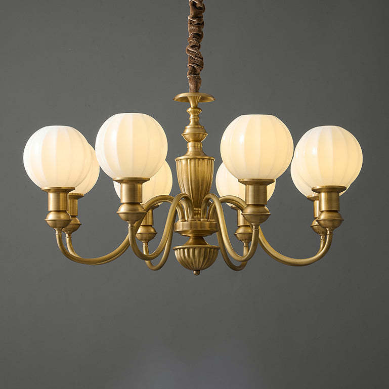 Vintage Brass Glass Curved Round Chandelier