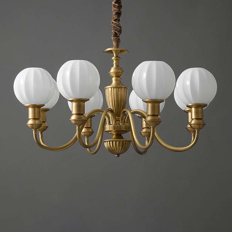 Vintage Brass Glass Curved Round Chandelier