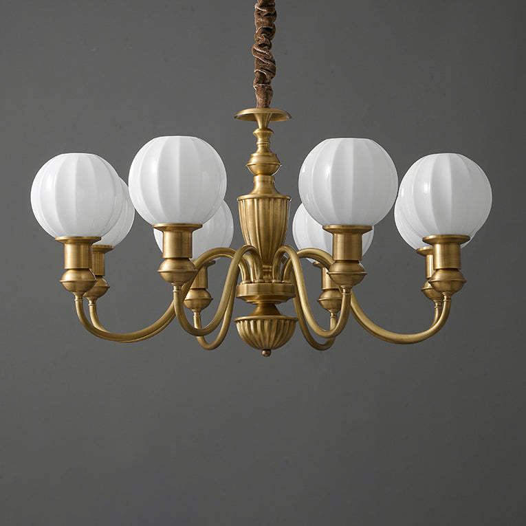 Vintage Brass Glass Curved Round Chandelier