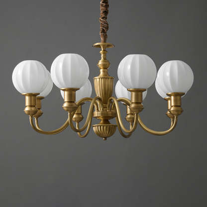 Vintage Brass Glass Curved Round Chandelier