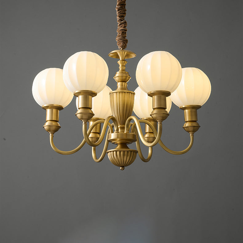 Vintage Brass Glass Curved Round Chandelier