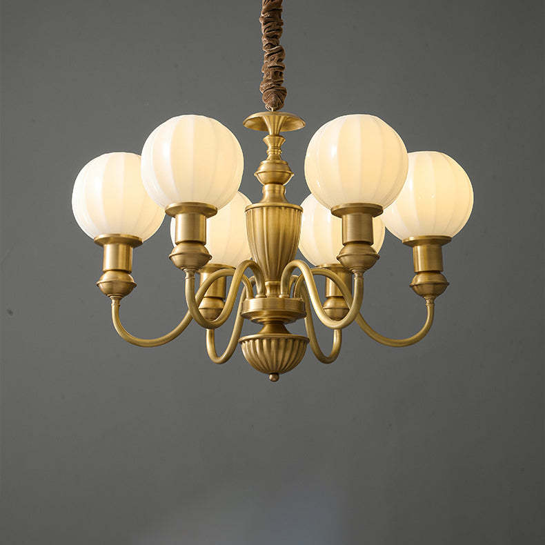Vintage Brass Glass Curved Round Chandelier