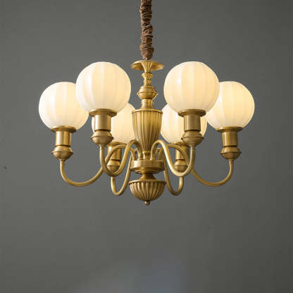Vintage Brass Glass Curved Round Chandelier