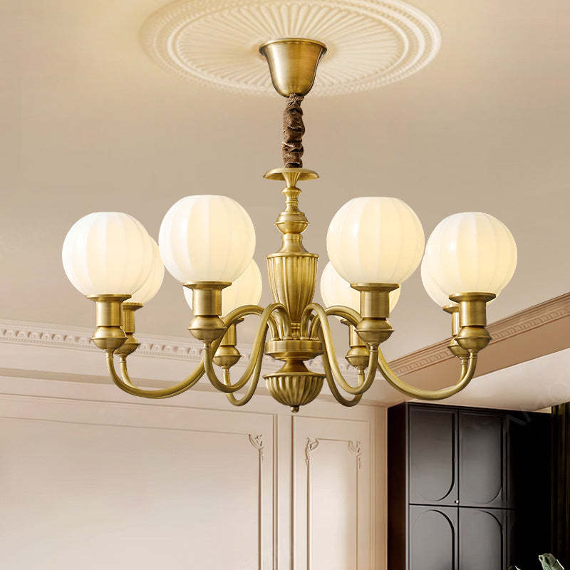 Vintage Brass Glass Curved Round Chandelier