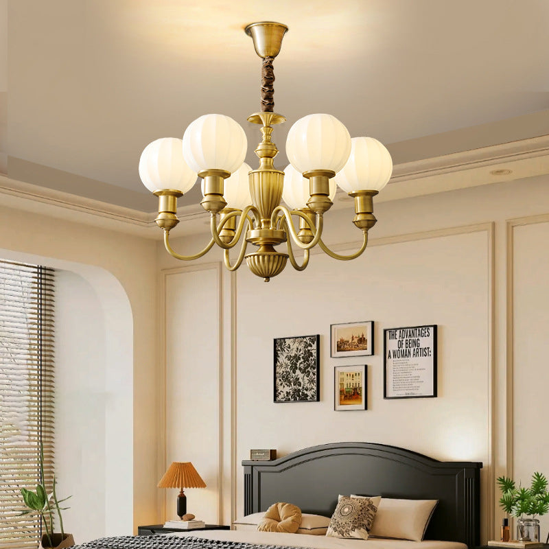 Vintage Brass Glass Curved Round Chandelier