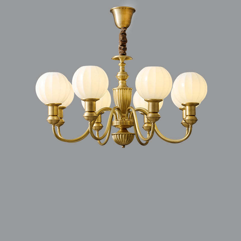 Vintage Brass Glass Curved Round Chandelier