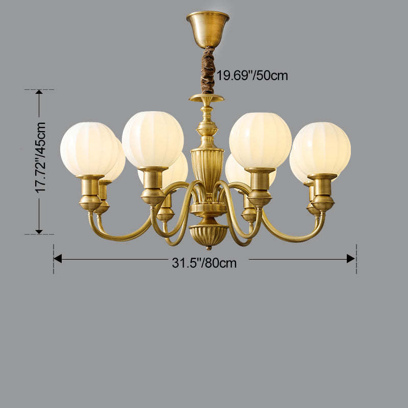 Vintage Brass Glass Curved Round Chandelier — 10 / 110V-120V For US/CA