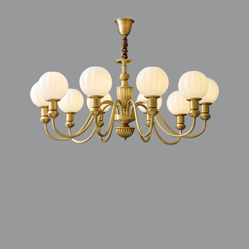 Vintage Brass Glass Curved Round Chandelier