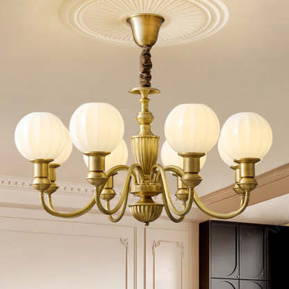 Vintage Brass Glass Curved Round Chandelier — 8 / 110V-120V For US/CA