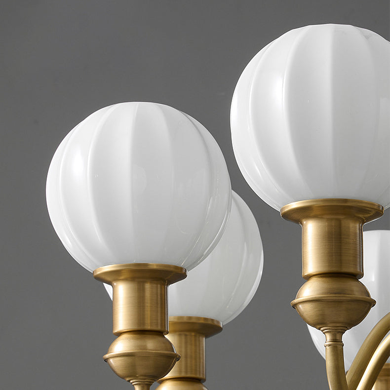 Vintage Brass Glass Curved Round Chandelier
