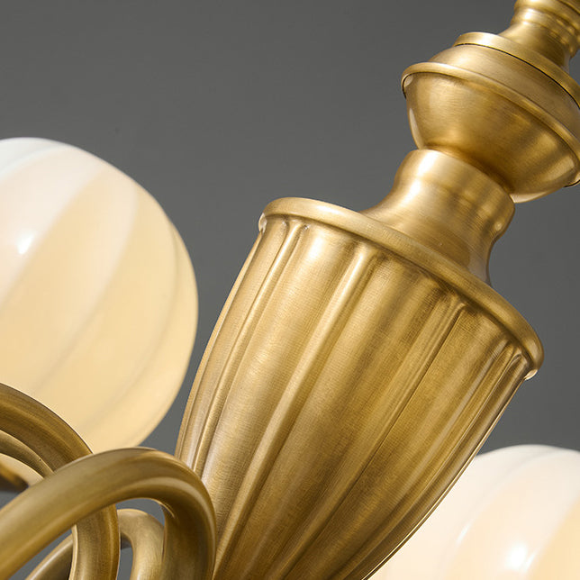 Vintage Brass Glass Curved Round Chandelier