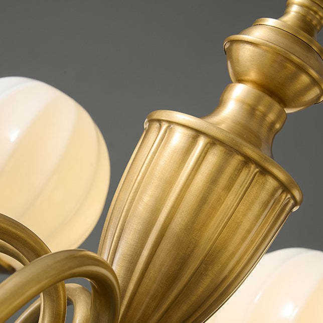 Vintage Brass Glass Curved Round Chandelier
