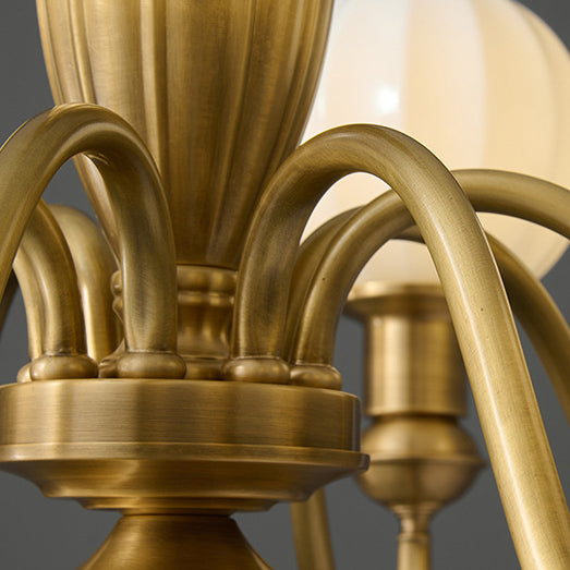 Vintage Brass Glass Curved Round Chandelier