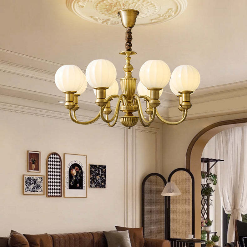 Vintage Brass Glass Curved Round Chandelier — 6 / 220V-240V For UK/AU