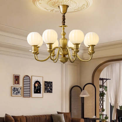 Vintage Brass Glass Curved Round Chandelier — 6 / 220V-240V For UK/AU